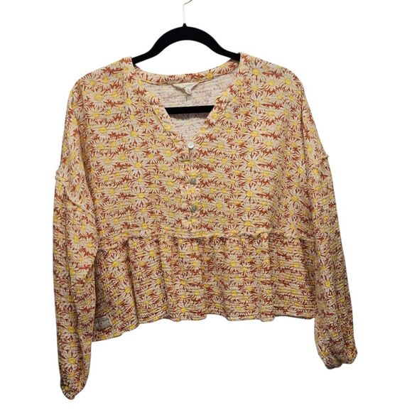Simply Southern XL Floral Blouse Button Raw Edge Ruffle Crop Boho Festival Gauzy - Picture 1 of 8